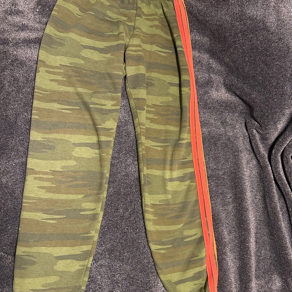 Aviator Nation Green and Orange Track Pants with Camouflage Pattern